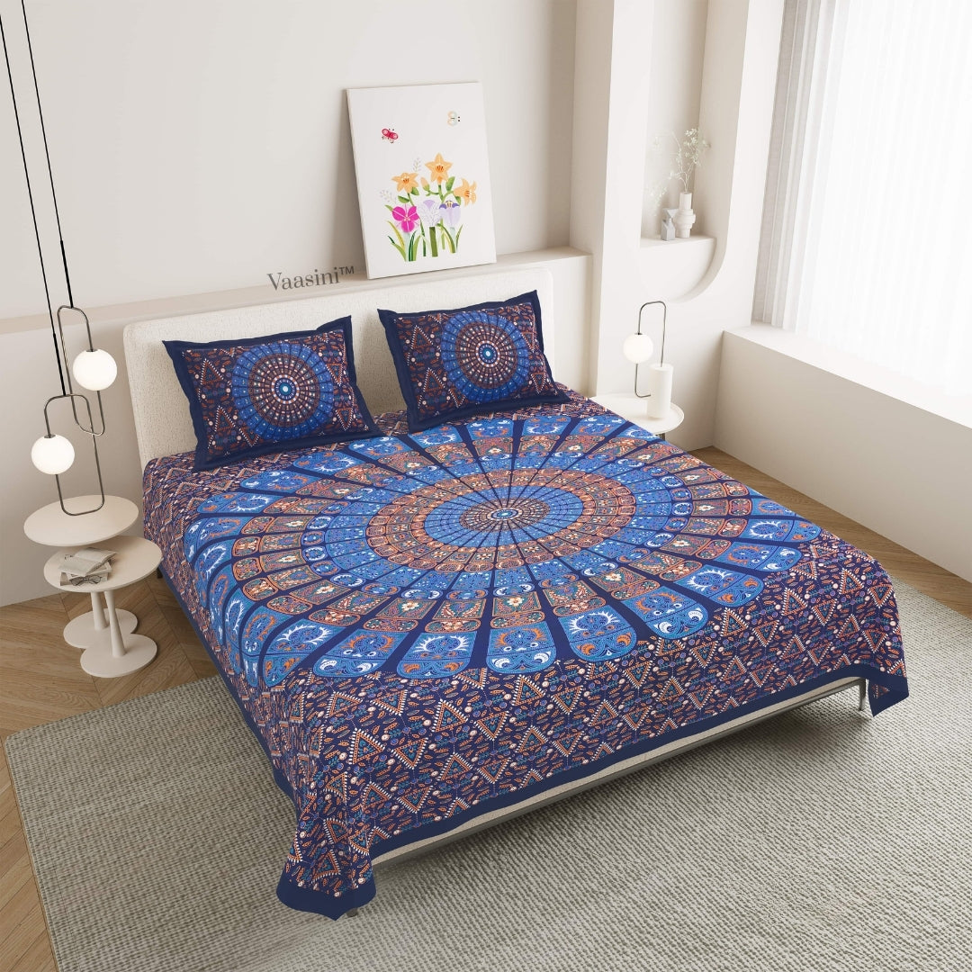 Premium Indigo Blue Radial Mandala Print Pure Cotton Double Bedsheet with 2 Pillow Covers