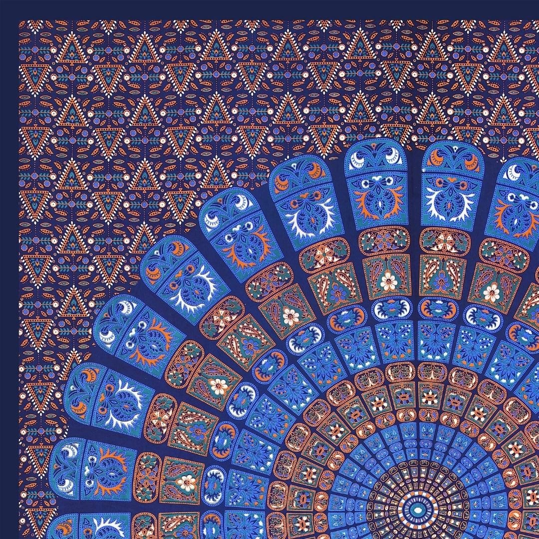 Premium Indigo Blue Radial Mandala Print Pure Cotton Double Bedsheet with 2 Pillow Covers