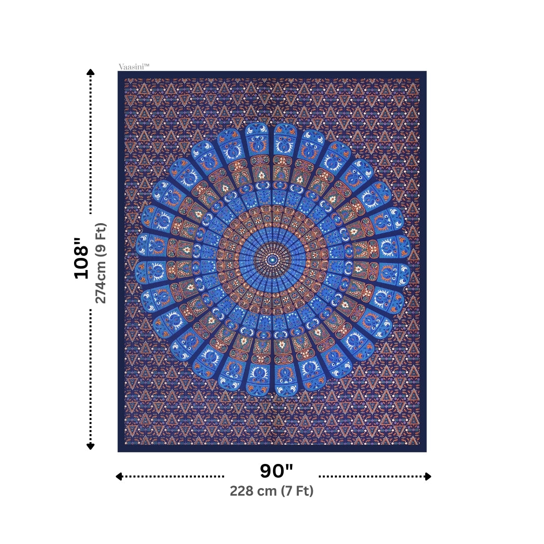 Premium Indigo Blue Radial Mandala Print Pure Cotton Double Bedsheet with 2 Pillow Covers