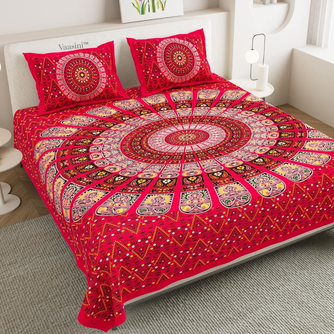 Vibrant Ruby Pink Festival Mandala Print Pure Cotton Double Bedsheet with 2 Pillow Covers