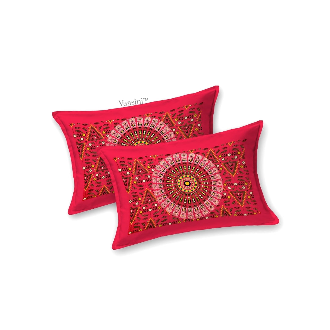 Vibrant Ruby Pink Festival Mandala Print Pure Cotton Double Bedsheet with 2 Pillow Covers