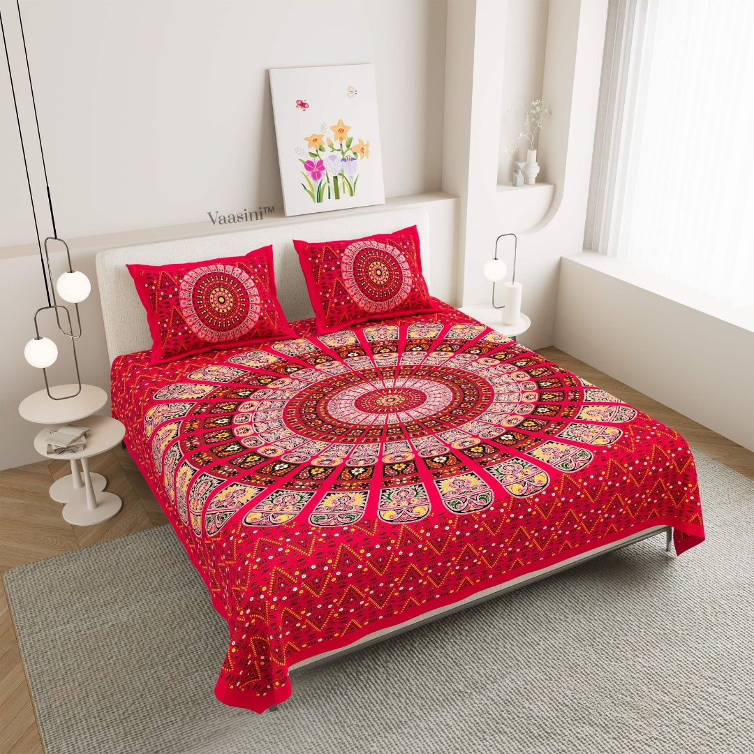 Vibrant Ruby Pink Festival Mandala Print Pure Cotton Double Bedsheet with 2 Pillow Covers