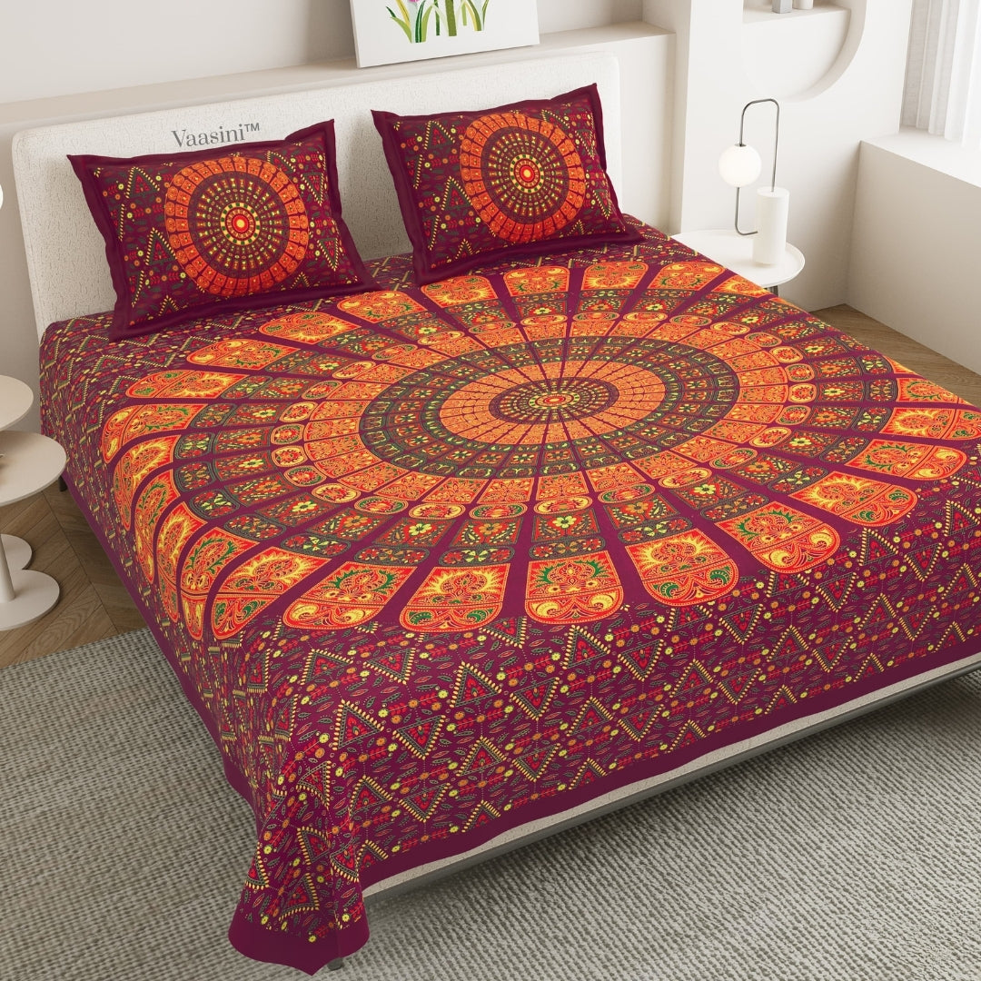 Royal Maroon/Orange Sunburst Mandala Print Pure Cotton Double Bedsheet with 2 Pillow Covers