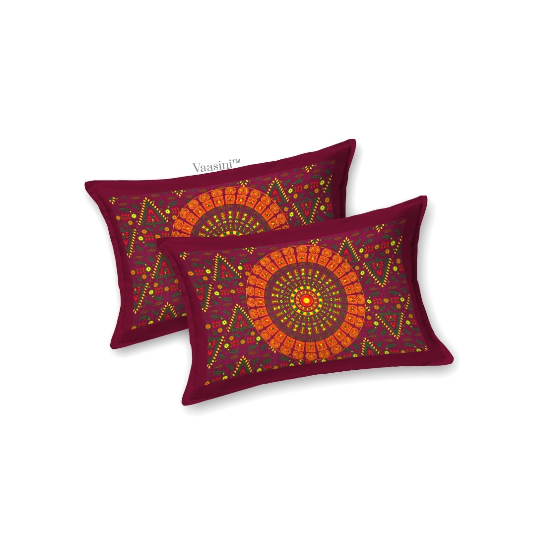 Royal Maroon/Orange Sunburst Mandala Print Pure Cotton Double Bedsheet with 2 Pillow Covers