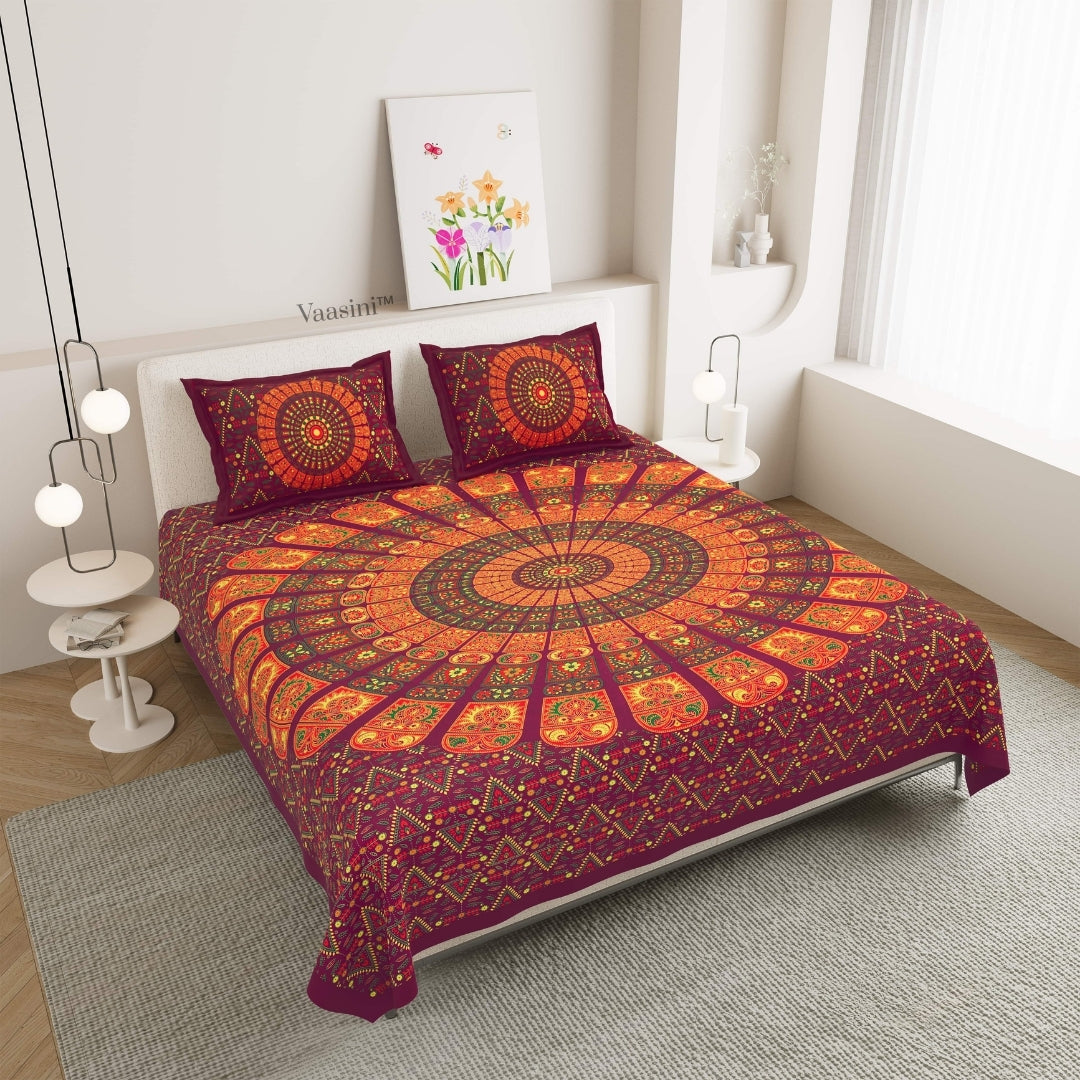 Royal Maroon/Orange Sunburst Mandala Print Pure Cotton Double Bedsheet with 2 Pillow Covers