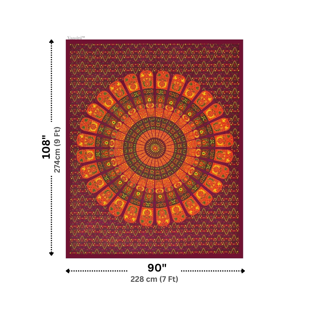 Royal Maroon/Orange Sunburst Mandala Print Pure Cotton Double Bedsheet with 2 Pillow Covers