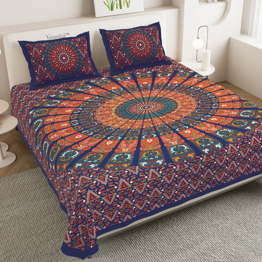 Boho Navy Blue Mandala Pure Cotton Double Bedsheet with 2 Pillow Covers