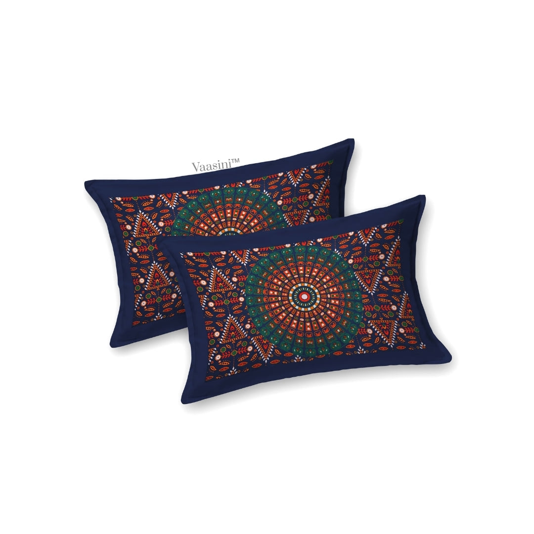 Boho Navy Blue Mandala Pure Cotton Double Bedsheet with 2 Pillow Covers