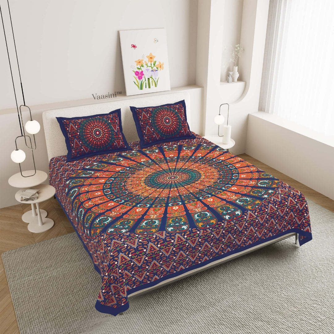 Boho Navy Blue Mandala Pure Cotton Double Bedsheet with 2 Pillow Covers