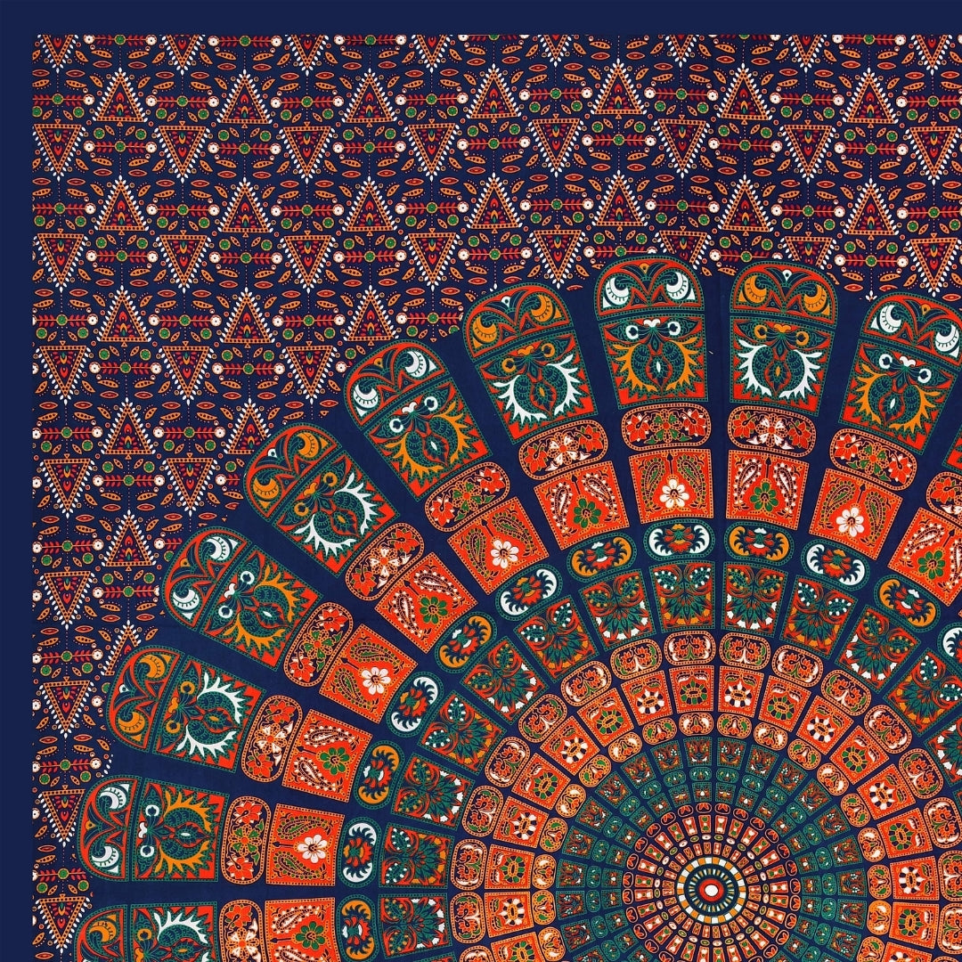 Boho Navy Blue Mandala Pure Cotton Double Bedsheet with 2 Pillow Covers