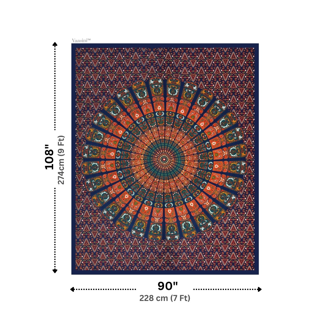 Boho Navy Blue Mandala Pure Cotton Double Bedsheet with 2 Pillow Covers