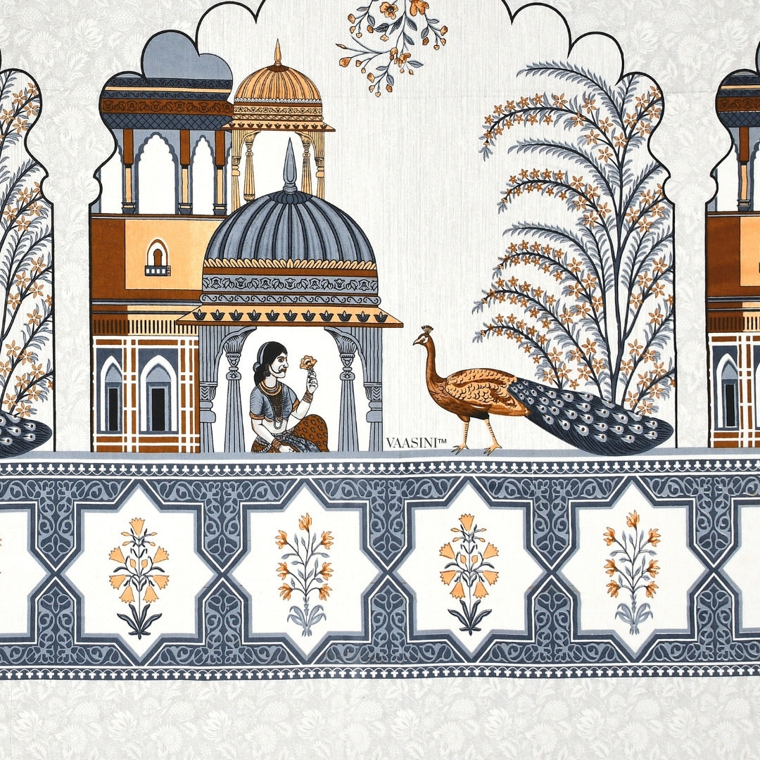 Palace Garden Indigo & Ochre Pure Cotton Peacock Print King Size Bedsheet
