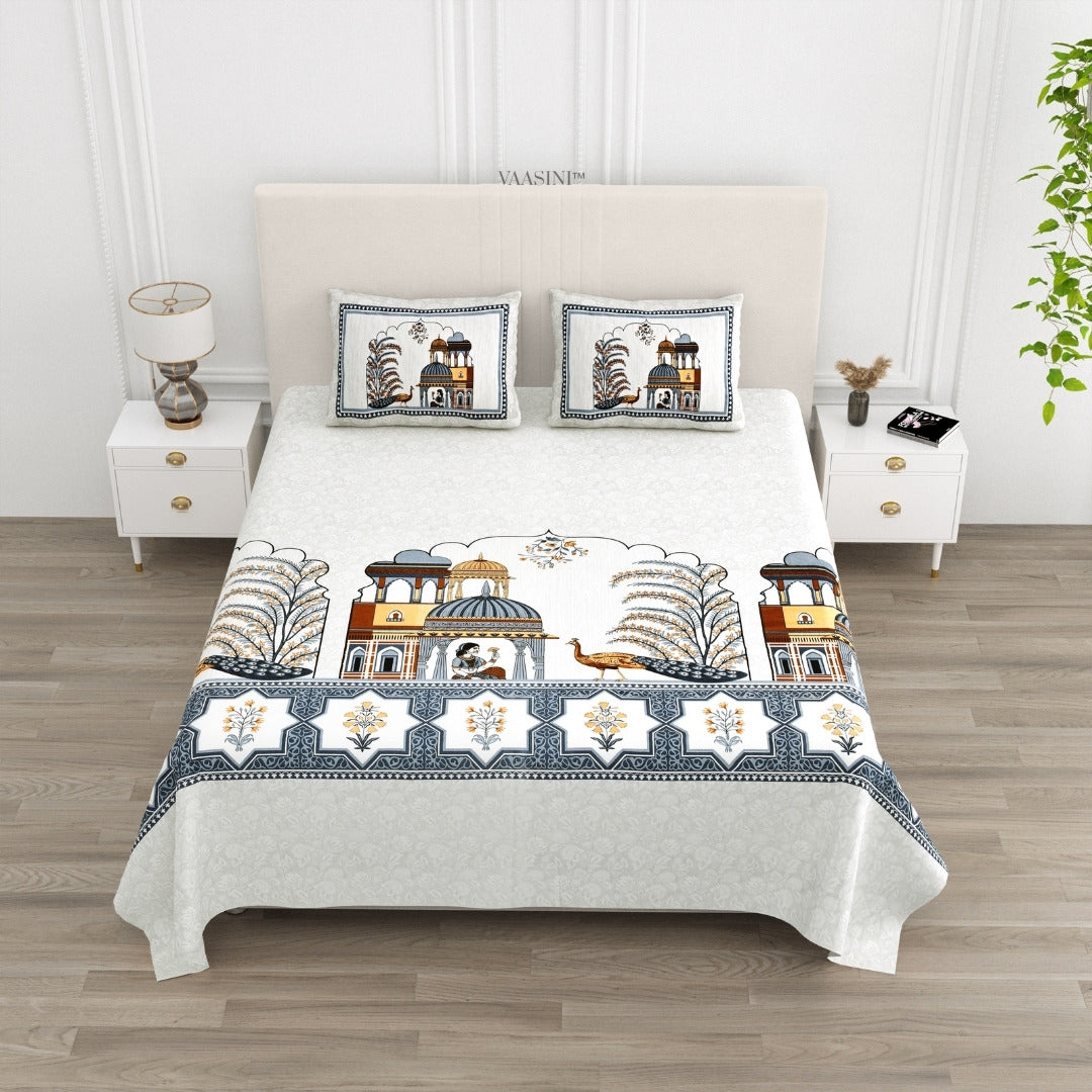 Palace Garden Indigo & Ochre Pure Cotton Peacock Print King Size Bedsheet