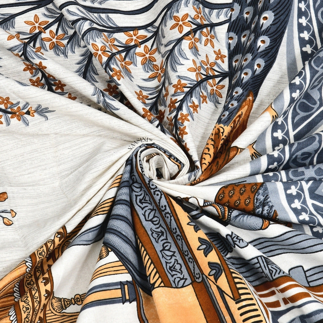 Palace Garden Indigo & Ochre Pure Cotton Peacock Print King Size Bedsheet