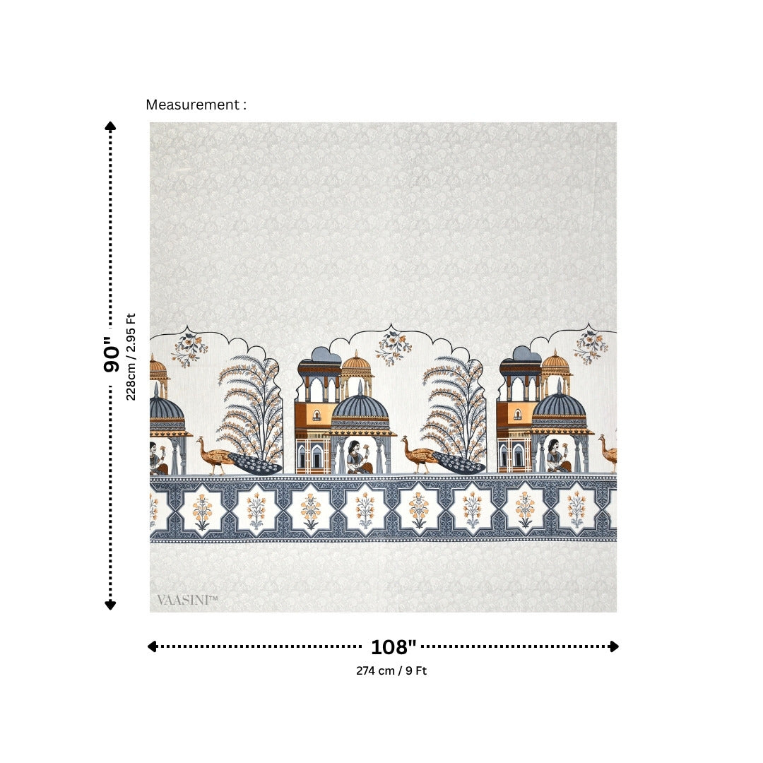 Palace Garden Indigo & Ochre Pure Cotton Peacock Print King Size Bedsheet
