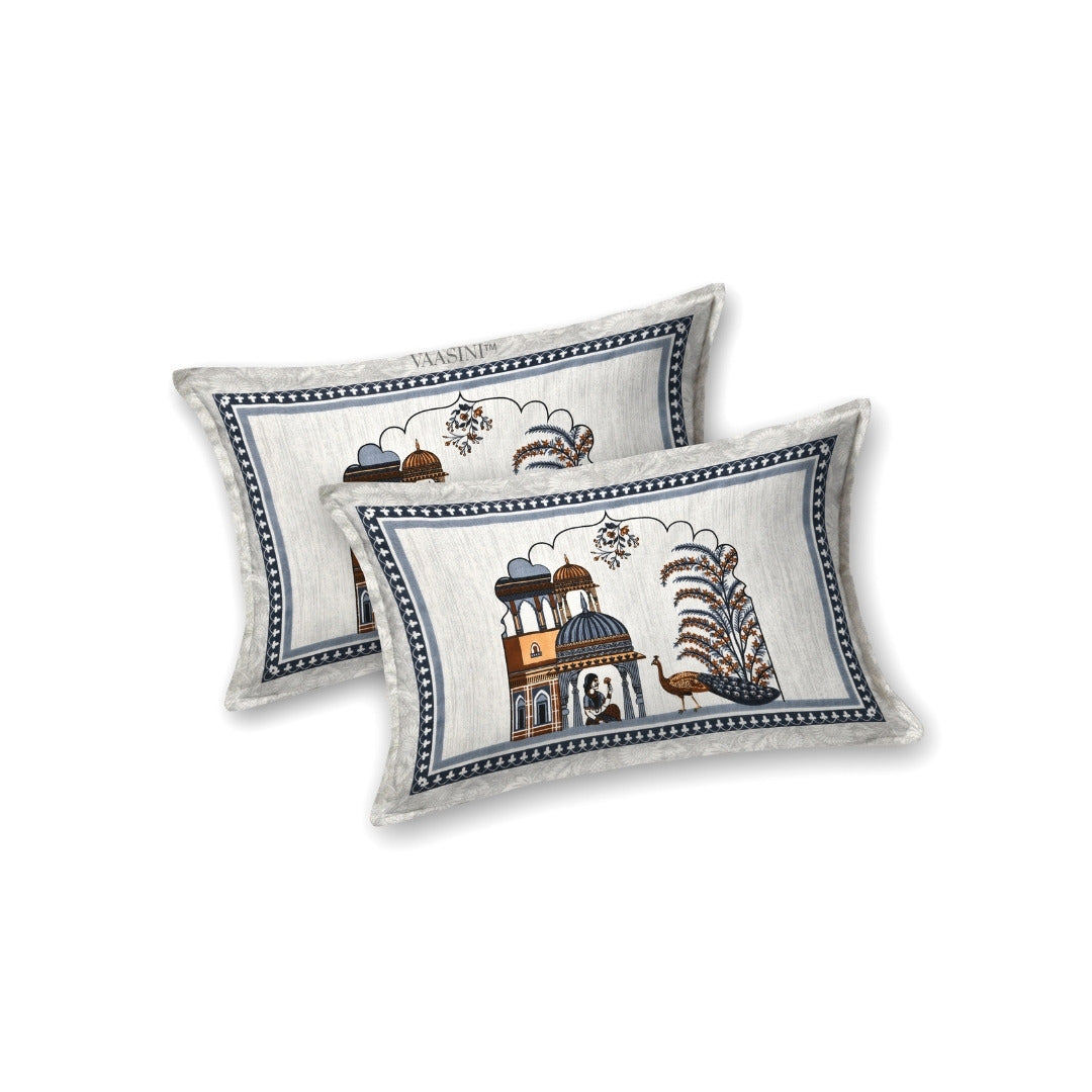 Palace Garden Indigo & Ochre Pure Cotton Peacock Print King Size Bedsheet