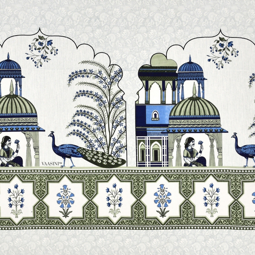 Palace Garden Emerald & Azure Pure Cotton Peacock Print King Size Bedsheet