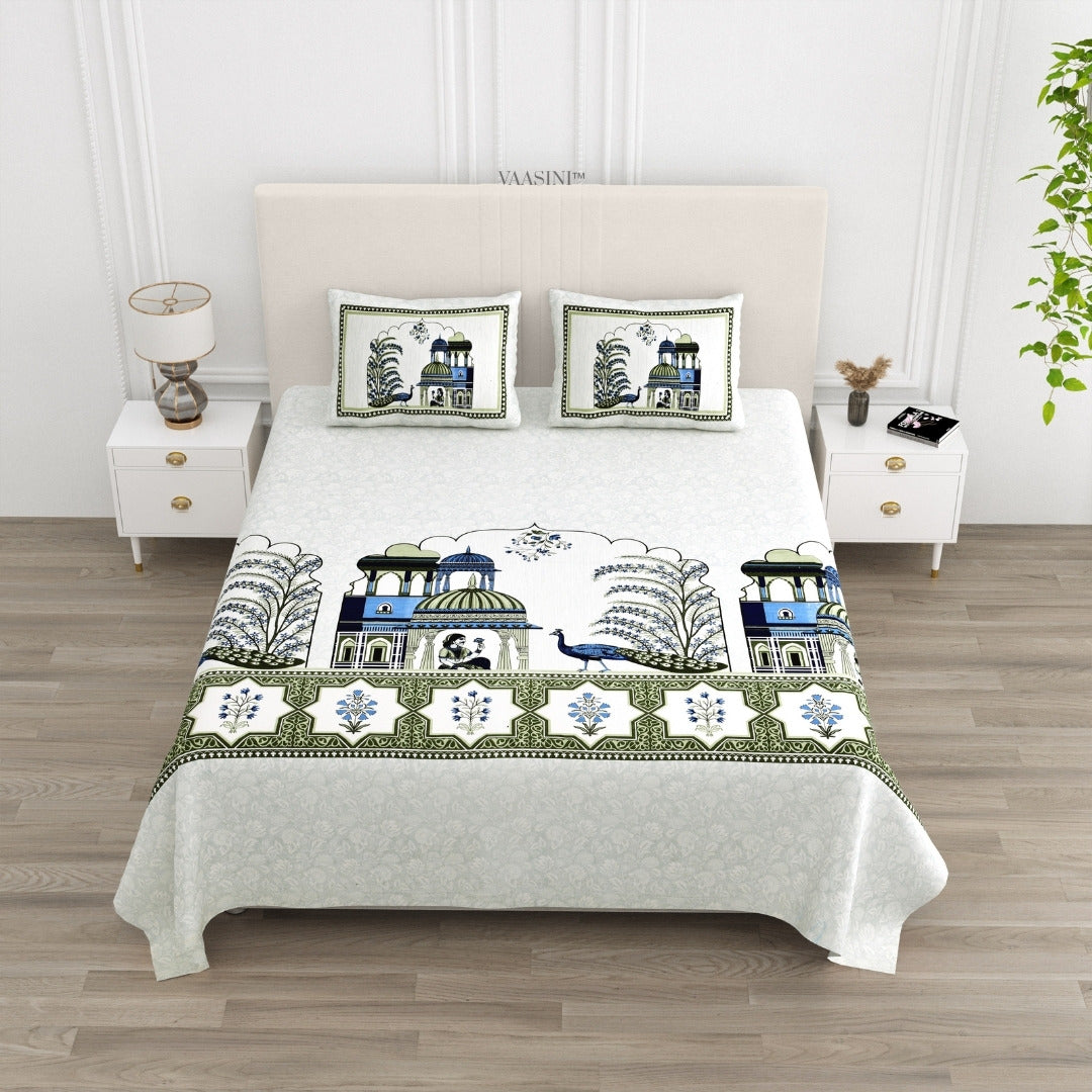 Palace Garden Emerald & Azure Pure Cotton Peacock Print King Size Bedsheet