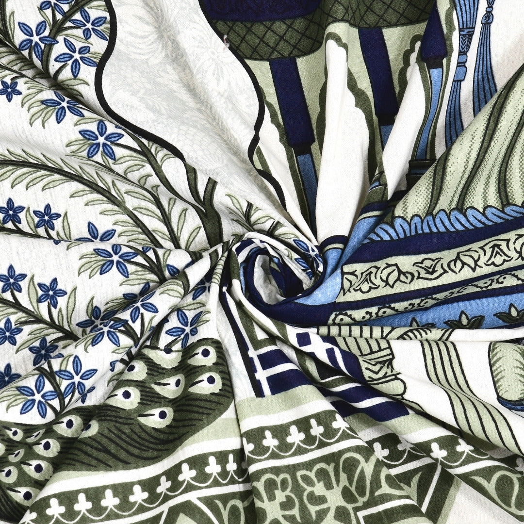 Palace Garden Emerald & Azure Pure Cotton Peacock Print King Size Bedsheet