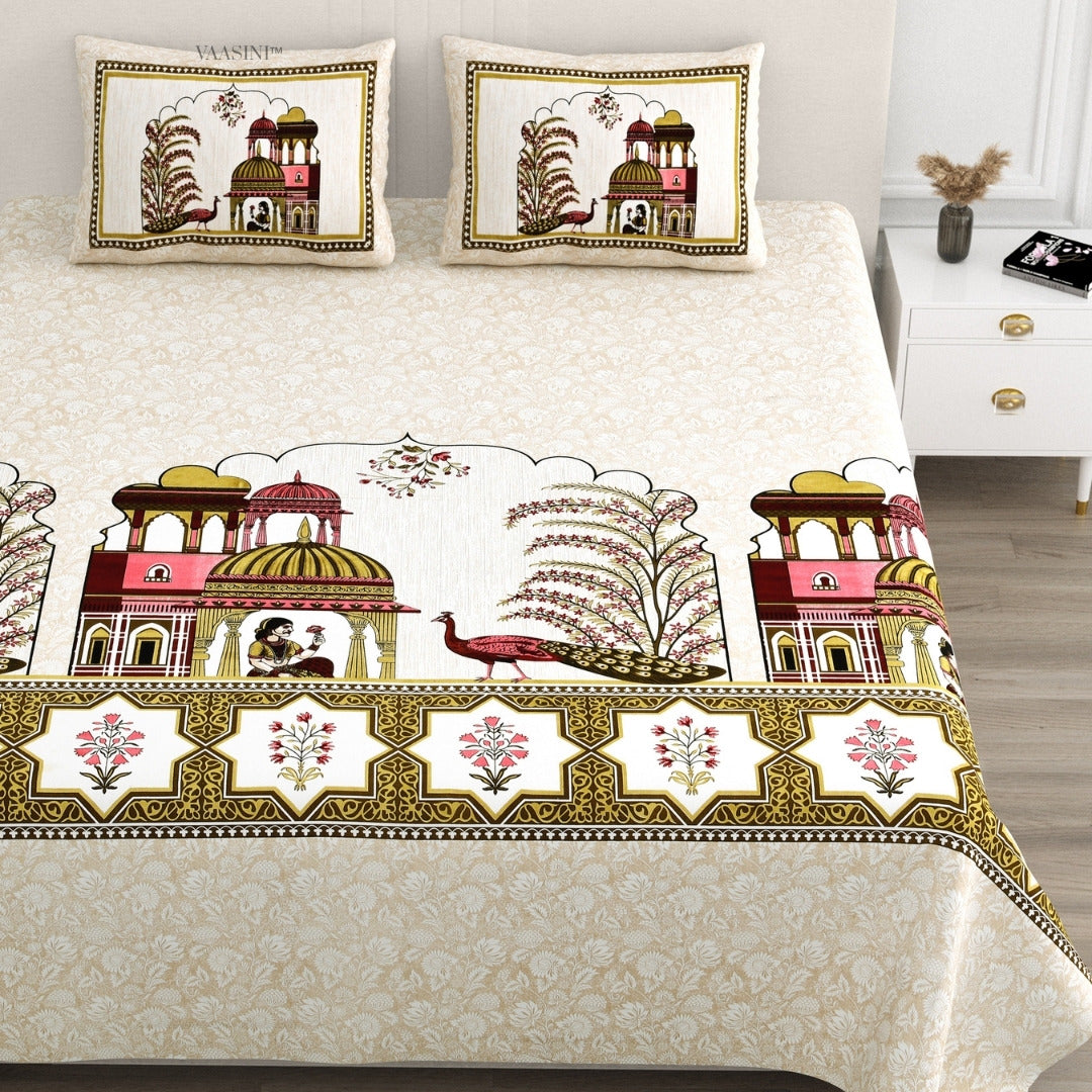 Palace Garden Ruby & Golden Moss Pure Cotton King Size Bedsheet