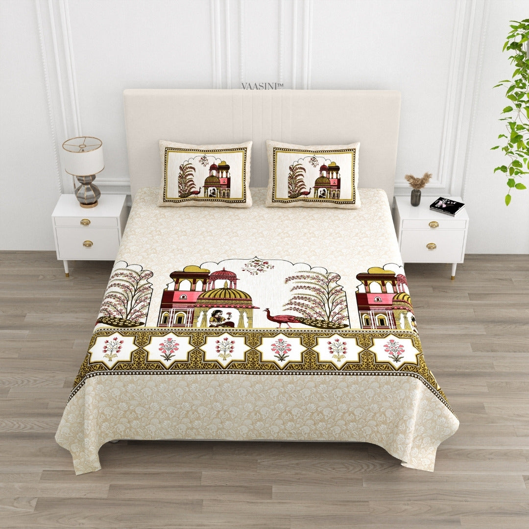 Palace Garden Ruby & Golden Moss Pure Cotton Peacock Print King Size Bedsheet