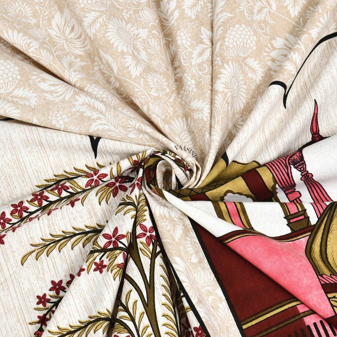 Palace Garden Ruby & Golden Moss Pure Cotton Peacock Print King Size Bedsheet
