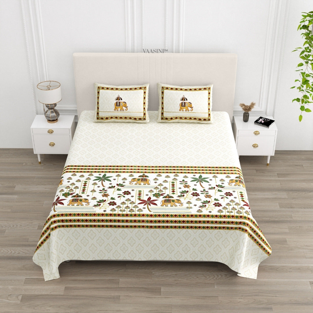Grand Safari Mustard & Earthy Red Pure Cotton King Size Bedsheet