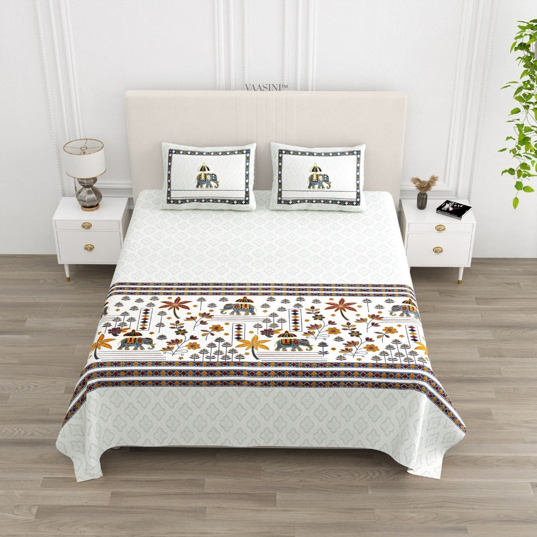 Grand Safari Navy & Sunset Orange Pure Cotton King Size Bedsheet