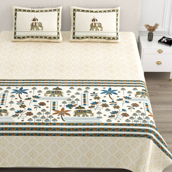 Grand Safari Teal & Desert Sand Pure Cotton King Size Bedsheet