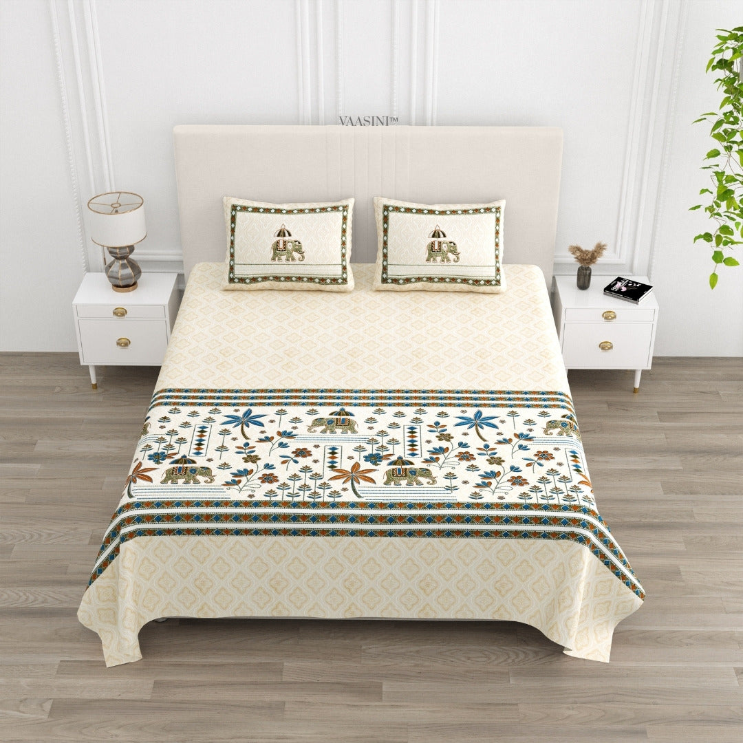 Grand Safari Teal & Desert Sand Pure Cotton King Size Bedsheet