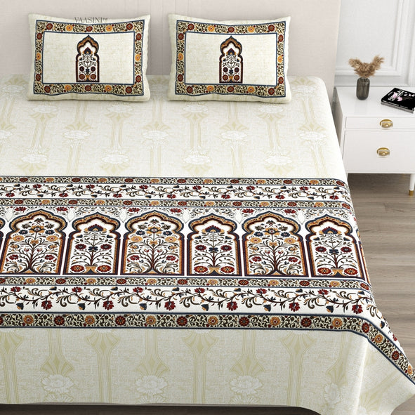 Classic Jharokha Rust & Charcoal Pure Cotton King Size Bedsheet