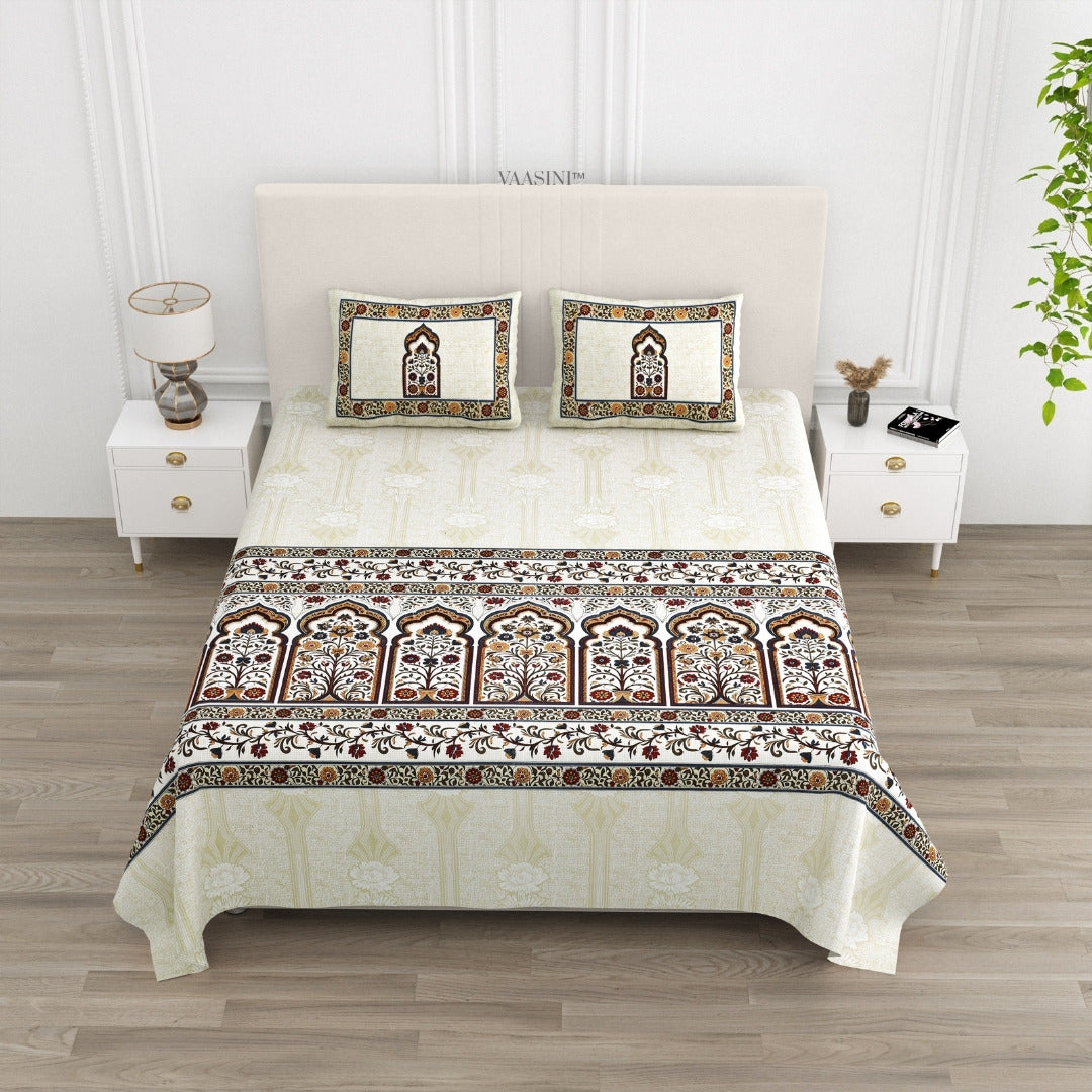 Classic Jharokha Rust & Charcoal Pure Cotton King Size Bedsheet