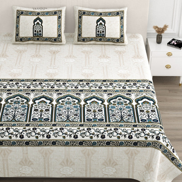 Classic Jharokha Prussian Blue & Sage Pure Cotton King Size Bedsheet