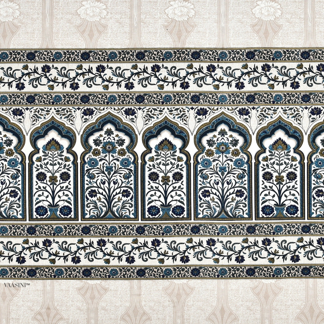 Classic Jharokha Prussian Blue & Sage Pure Cotton King Size Bedsheet