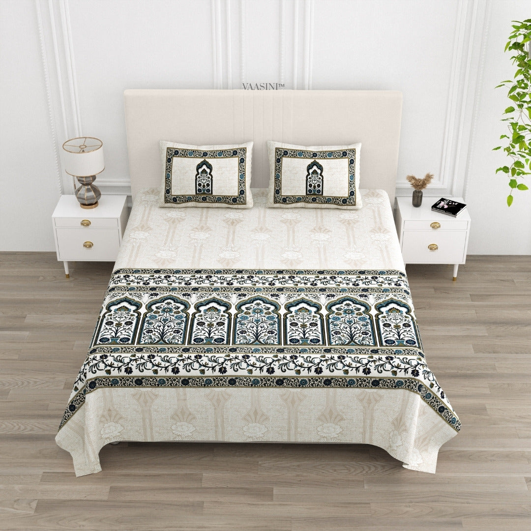 Classic Jharokha Prussian Blue & Sage Pure Cotton King Size Bedsheet