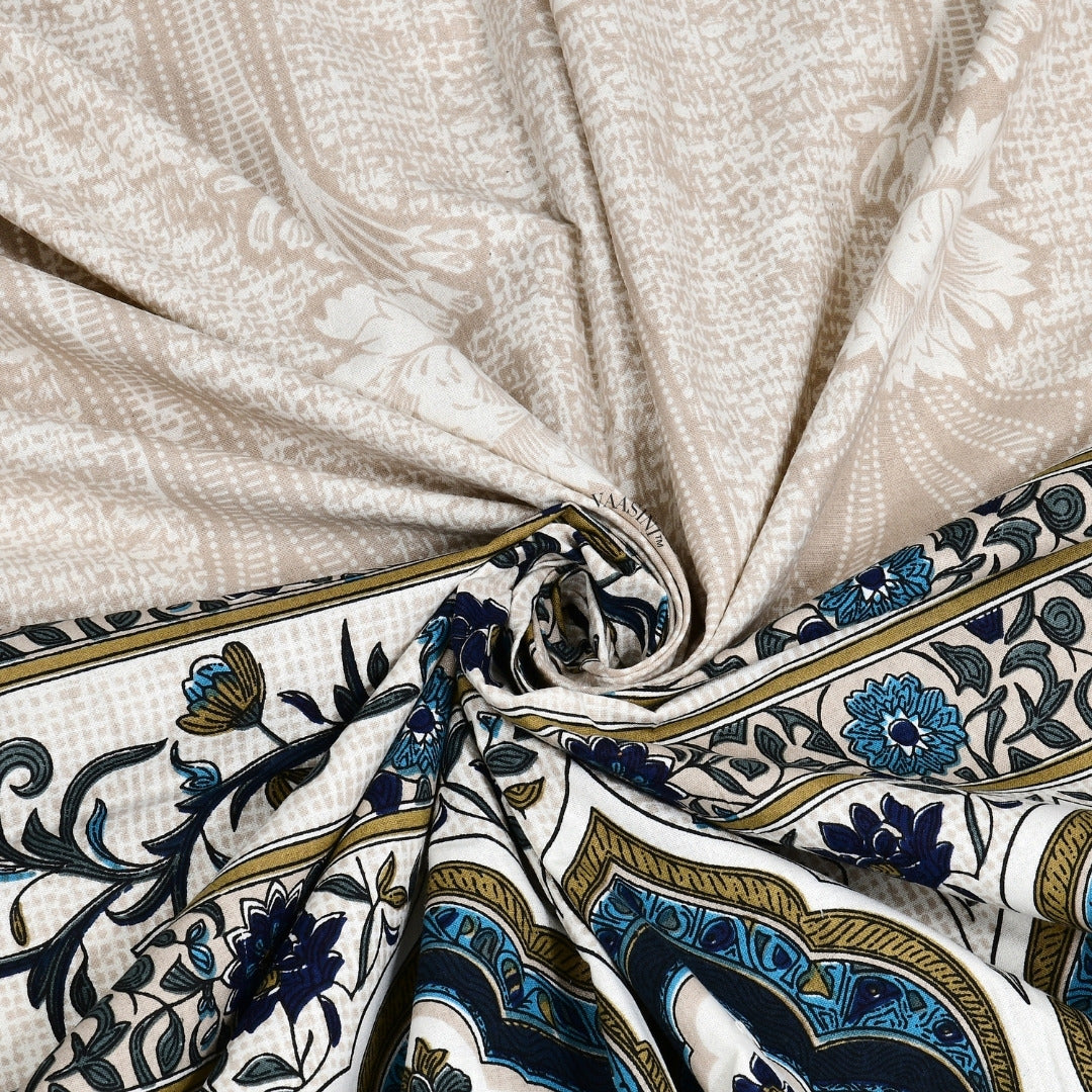 Classic Jharokha Prussian Blue & Sage Pure Cotton King Size Bedsheet