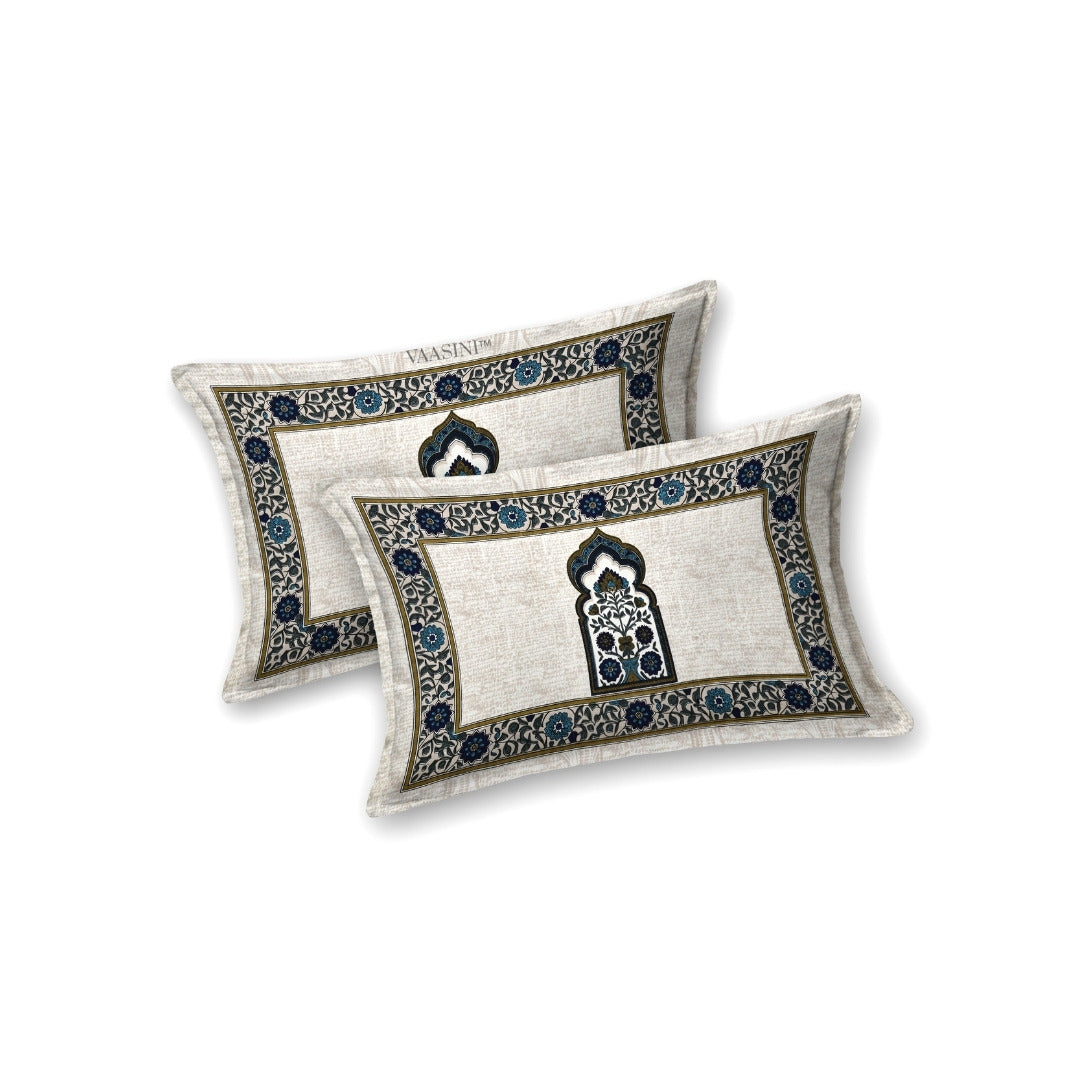 Classic Jharokha Prussian Blue & Sage Pure Cotton King Size Bedsheet