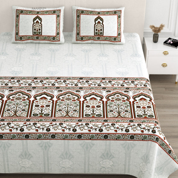 Classic Jharokha Deep Maroon & Olive Pure Cotton King Size Bedsheet