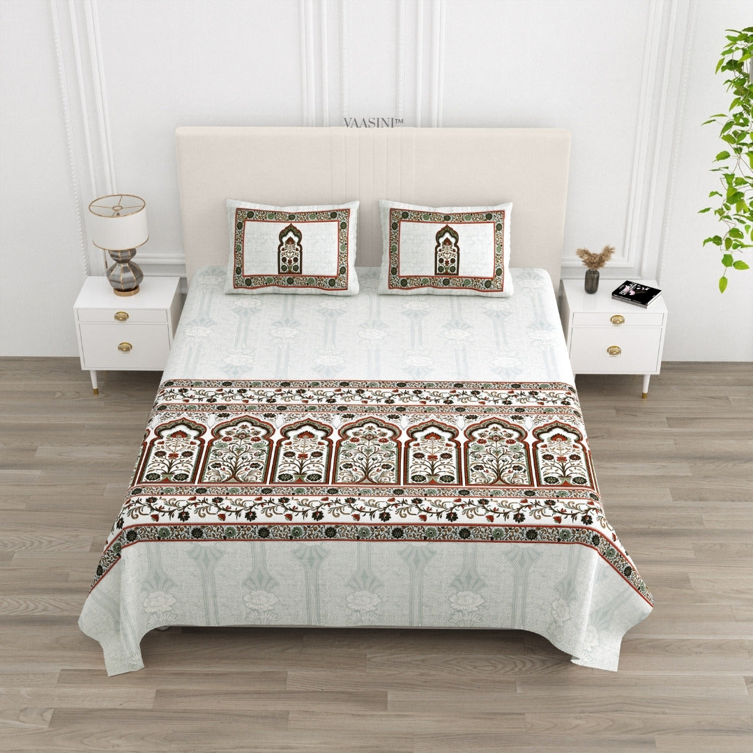 Classic Jharokha Deep Maroon & Olive Pure Cotton King Size Bedsheet