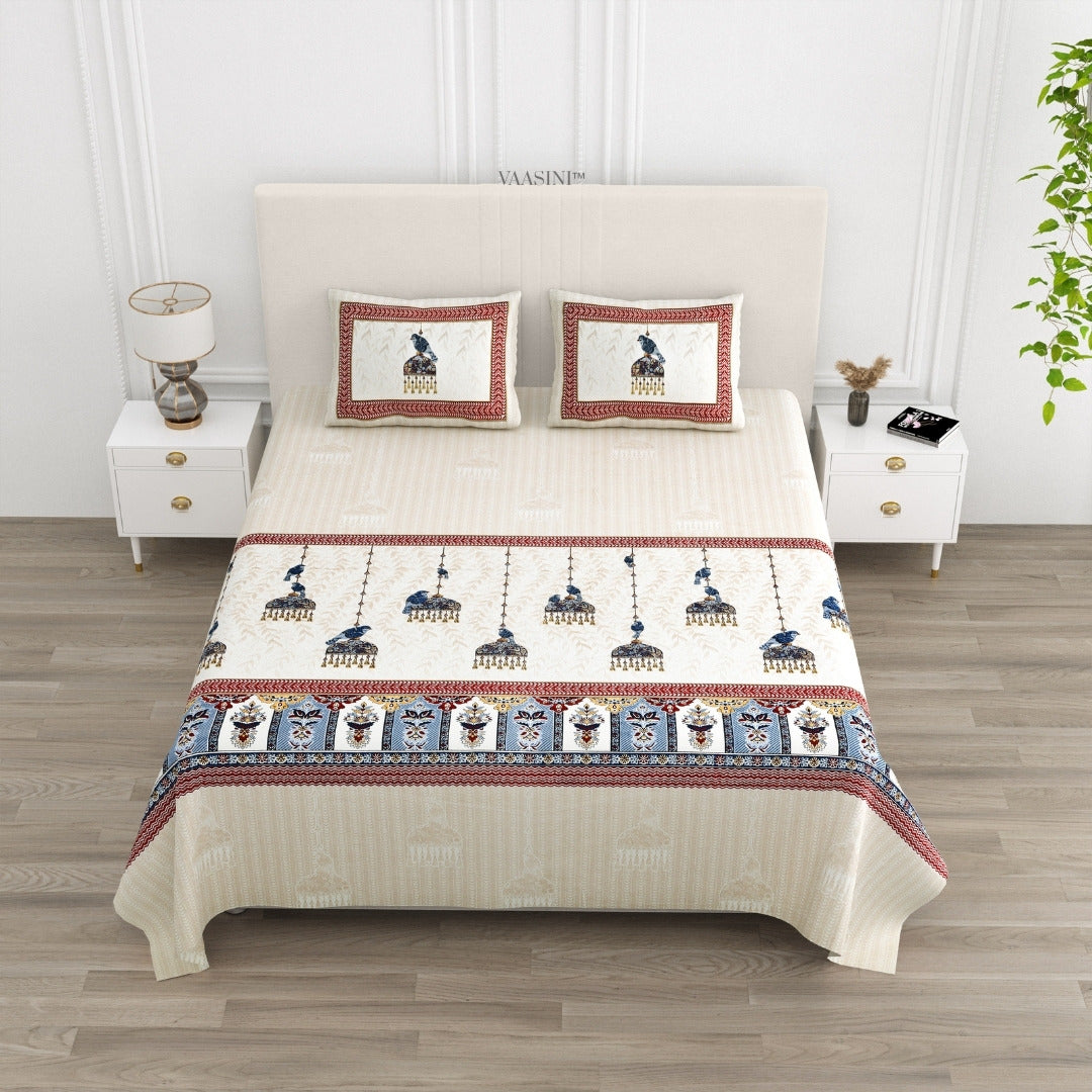 Royal Sapphire Bird Deep Red & Indigo Pure Cotton King Size Bedsheet