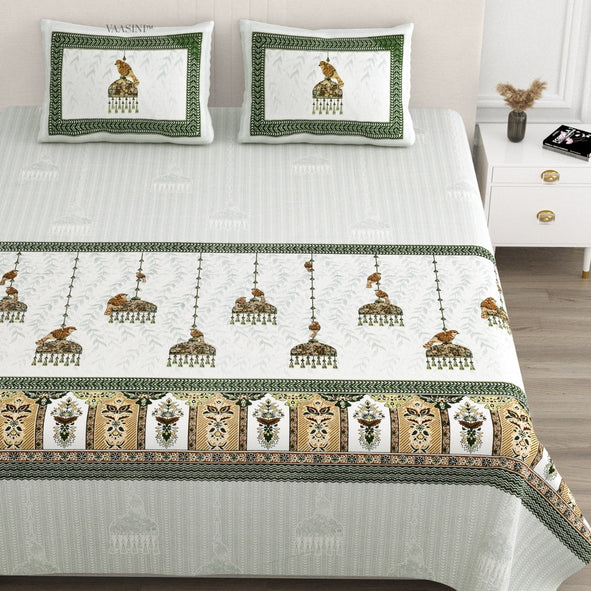 Royal Sapphire Bird Forest Green & Tan Pure Cotton King Size Bedsheet