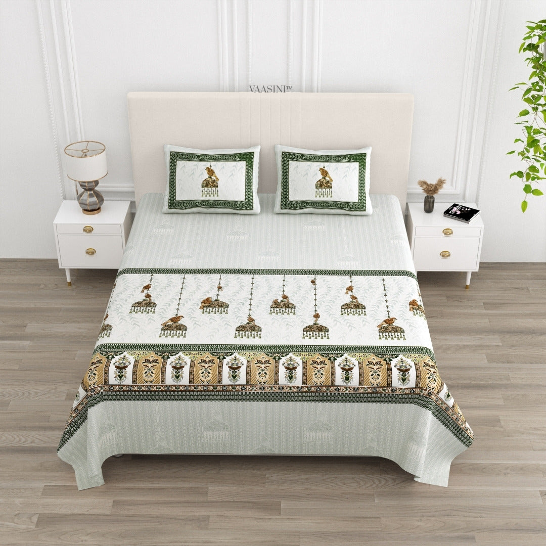 Royal Sapphire Bird Forest Green & Tan Pure Cotton King Size Bedsheet