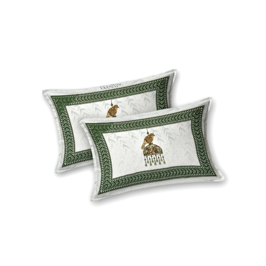 Royal Sapphire Bird Forest Green & Tan Pure Cotton King Size Bedsheet
