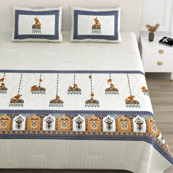 Royal Sapphire Bird Navy Blue & Ochre Pure Cotton King Size Bedsheet