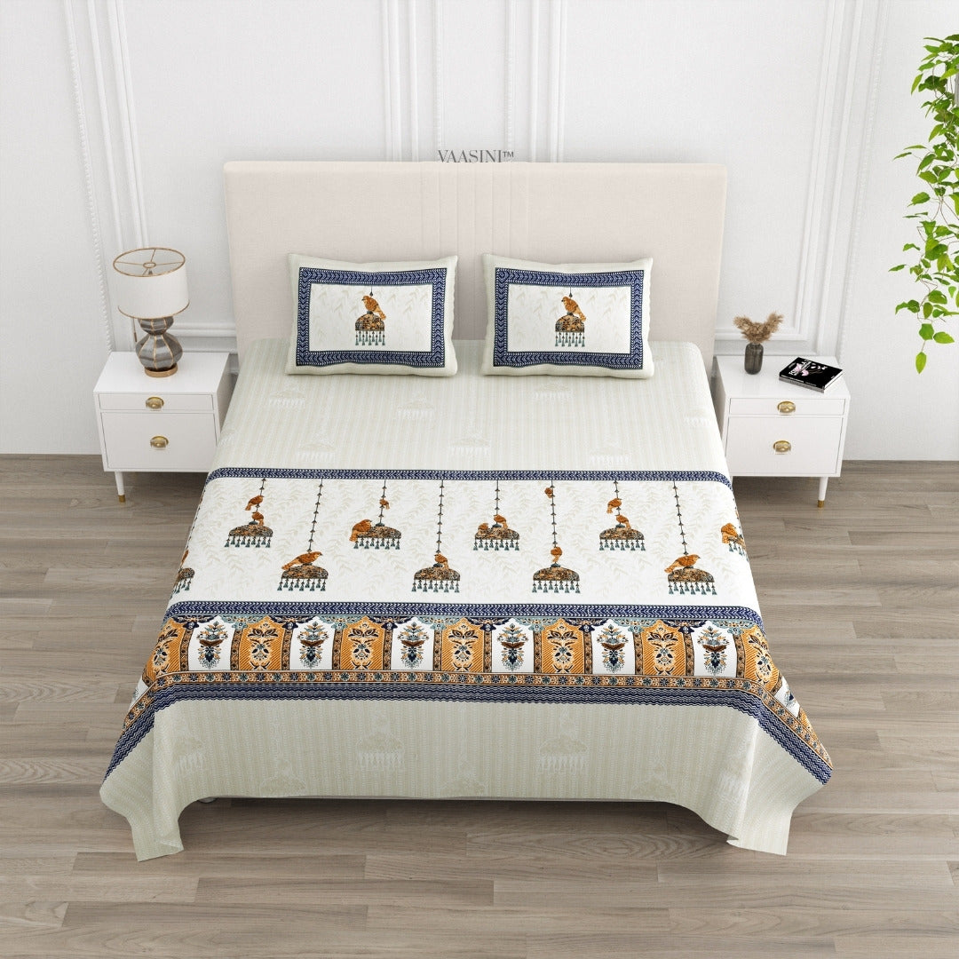 Royal Sapphire Bird Navy Blue & Ochre Pure Cotton King Size Bedsheet