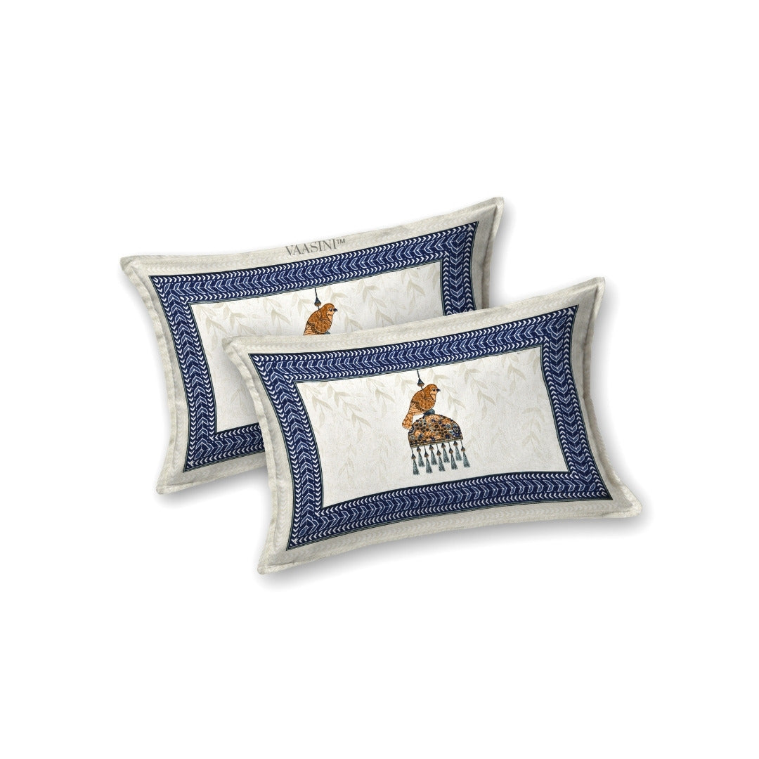 Royal Sapphire Bird Navy Blue & Ochre Pure Cotton King Size Bedsheet