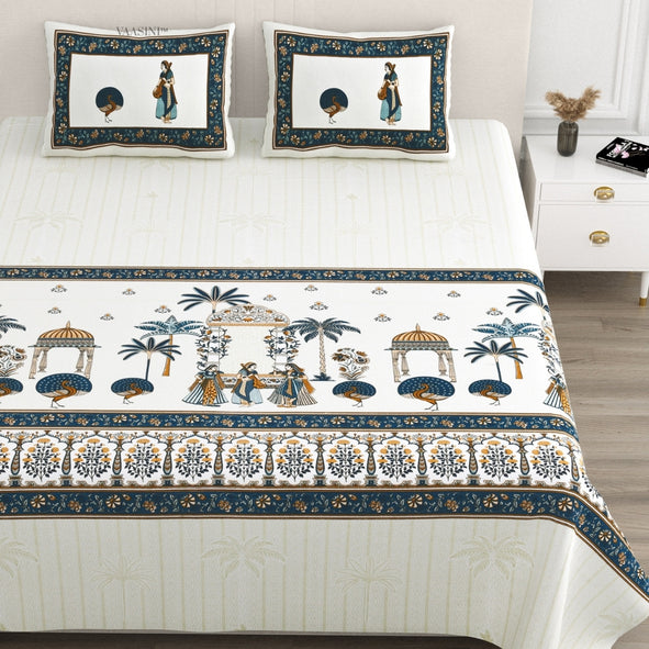 Golden Era Darbar Charcoal & Teal Pure Cotton King Size Bedsheet