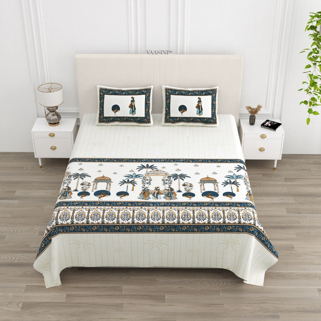 Golden Era Darbar Charcoal & Teal Pure Cotton King Size Bedsheet