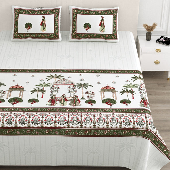 Golden Era Darbar Olive Green & Ruby Pure Cotton King Size Bedsheet