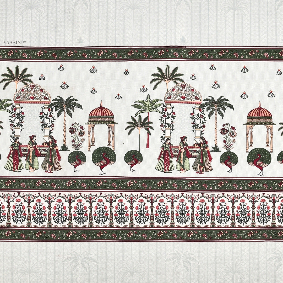 Golden Era Darbar Olive Green & Ruby Pure Cotton King Size Bedsheet